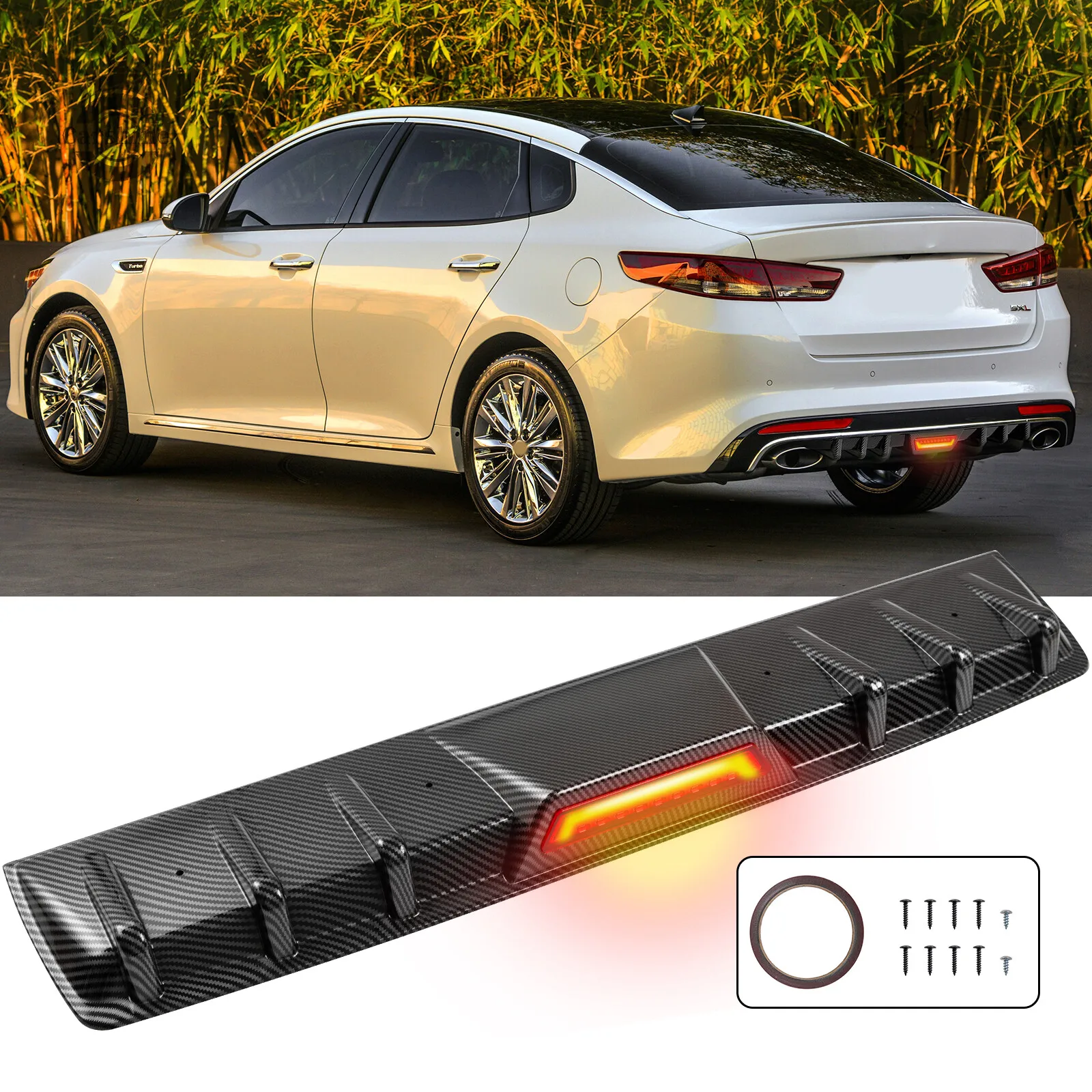 Carbon Fiber Rear Diffuser w/ 6 Shark Fins & LED Brake Light for Kia Optima, Forte, Rio5 – Aggressive Style
Carbon Fiber Rear Diffuser w/ 6 Shark Fins & LED Brake Light for Kia Optima, Forte, Rio5 – Aggressive Style