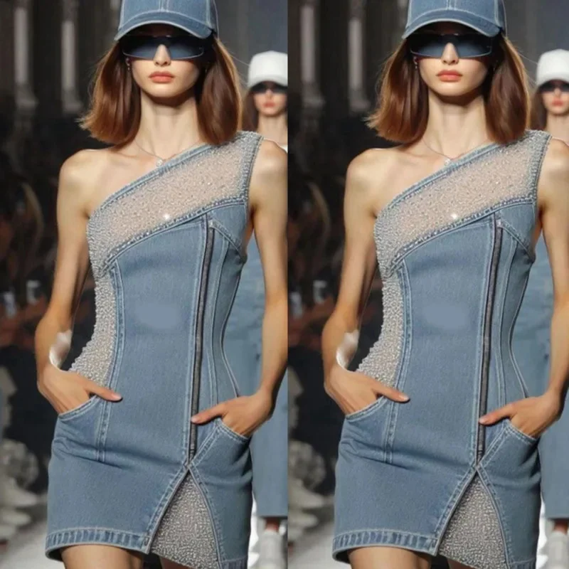Cowboy Skirt Mesh Splicing Lady Dress 2024 Spring Summer Casual Sexy Elegant Slant Shoulder Denim Skirt A-line Loose Sweet Skirt
Cowboy Skirt Mesh Splicing Lady Dress 2024 Spring Summer Casual Sexy Elegant Slant Shoulder Denim Skirt A-line Loose Sweet Skirt