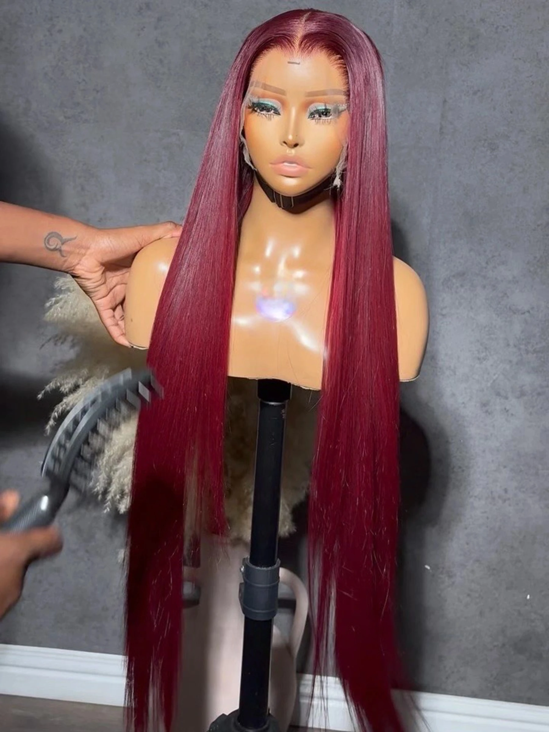 99J Red Burgundy Color Silky Straight 13X4X1 HD Full Lace Frontal Wigs For Women Preplucked With Baby Hair Bleached Knots Soft
99J Red Burgundy Color Silky Straight 13X4X1 HD Full Lace Frontal Wigs For Women Preplucked With Baby Hair Bleached Knots Soft