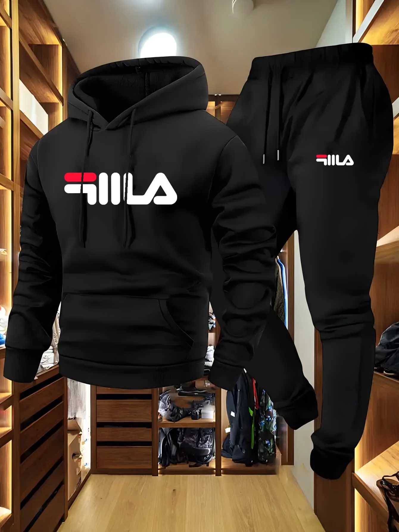 Men'S Casual Hoodie and Sweatpants Set Black, Loose Fit, Geometric Pattern, Fall/Winter Sportswear, Casual Wear|Hooded Sweatshir
Men'S Casual Hoodie and Sweatpants Set Black, Loose Fit, Geometric Pattern, Fall/Winter Sportswear, Casual Wear|Hooded Sweatshir