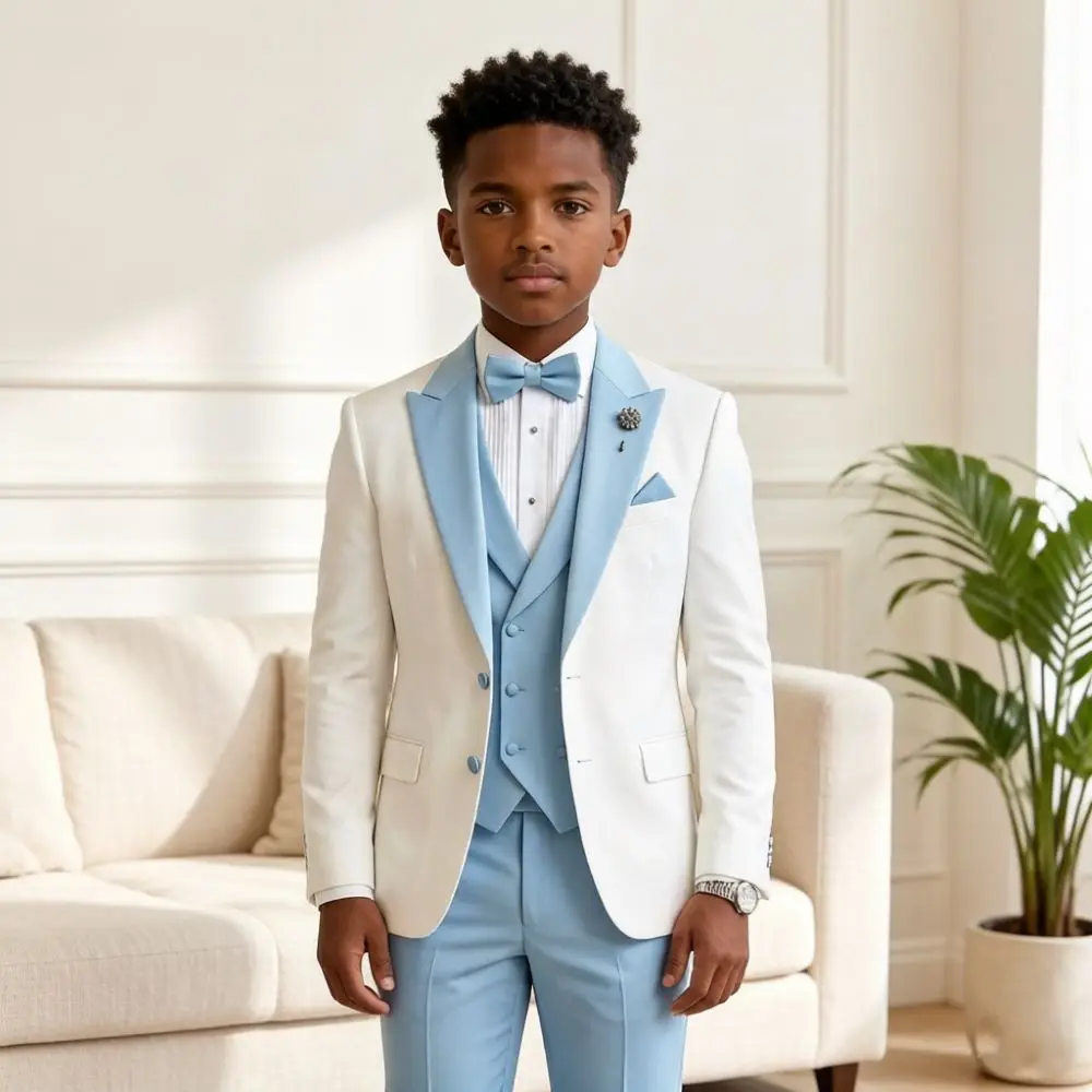 3 Pieces Wedding Suits Peak Lapel Kids Tuxedo Outfits Jacket Vest Pants Sky Blue Formal Cocktail Party High-End Occasion Wear
3 Pieces Wedding Suits Peak Lapel Kids Tuxedo Outfits Jacket Vest Pants Sky Blue Formal Cocktail Party High-End Occasion Wear