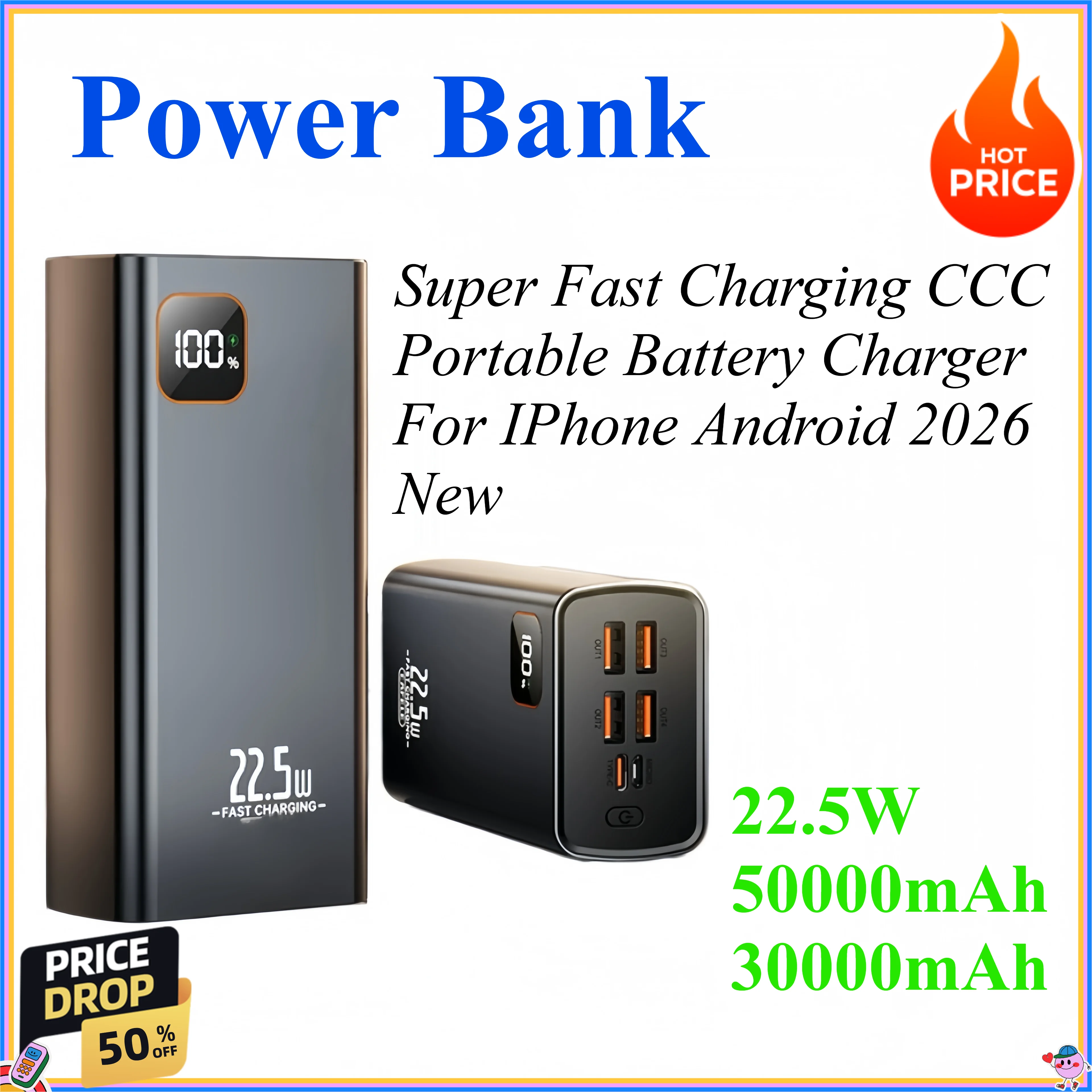 22.5W 50000mAh 30000mAh Ultra Capacity Power Bank Super Fast Charging CCC Portable Battery Charger For IPhone Samsung 2026 New
22.5W 50000mAh 30000mAh Ultra Capacity Power Bank Super Fast Charging CCC Portable Battery Charger For IPhone Samsung 2026 New