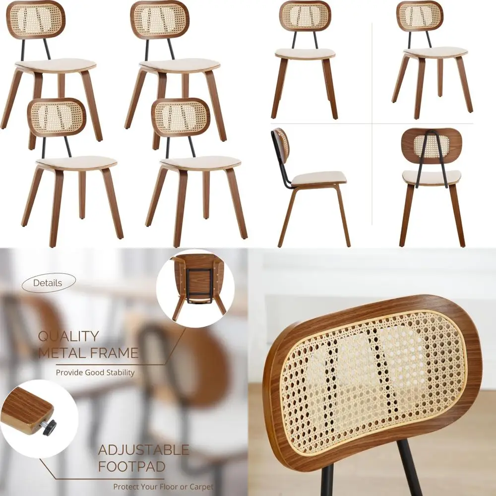 Set of Four Mid-Century Modern Dining Chairs: PU Leather Seats with Rattan Backs and Wooden Legs, Ideal for Dining and Living Sp
Set of Four Mid-Century Modern Dining Chairs: PU Leather Seats with Rattan Backs and Wooden Legs, Ideal for Dining and Living Sp