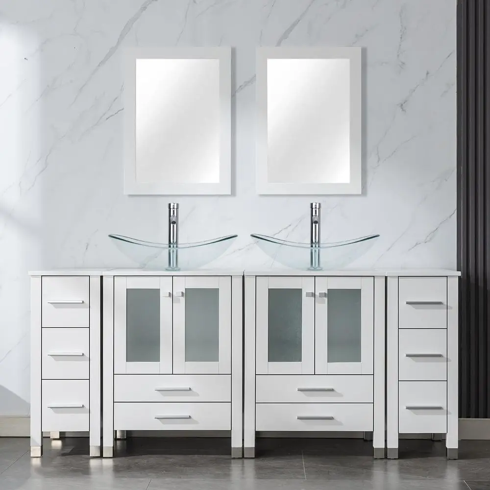 72 Double 24 Sink Vanity Set, Elegant Style with Two Side Cabinets, Painted White, Including Clear Glass Sinks, Faucets, No Mirr
72 Double 24 Sink Vanity Set, Elegant Style with Two Side Cabinets, Painted White, Including Clear Glass Sinks, Faucets, No Mirr