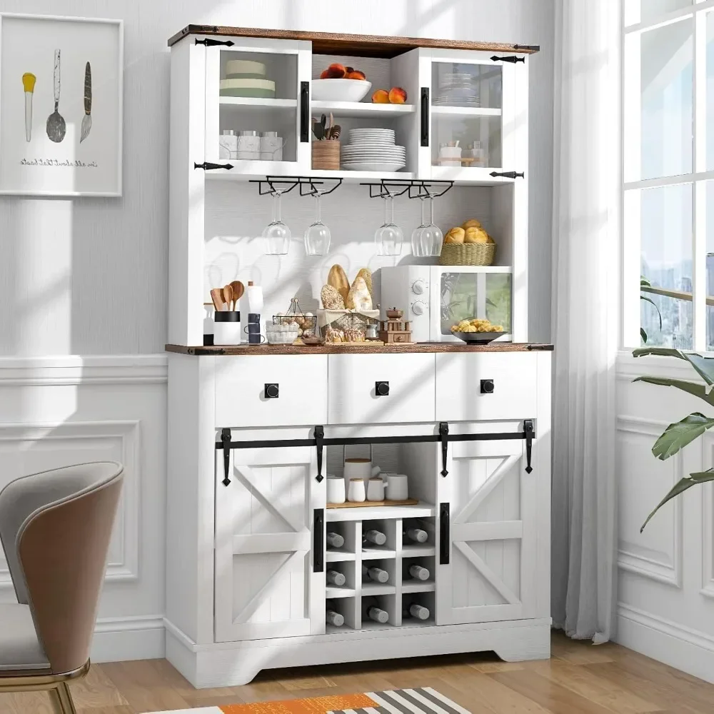 Farmhouse Coffee Bar Cabinet with Storage, 72'' Tall Bar Cabinet with 3 Drawers, Wine Bar Cabinet with Sliding Barn Doors 
Farmhouse Coffee Bar Cabinet with Storage, 72'' Tall Bar Cabinet with 3 Drawers, Wine Bar Cabinet with Sliding Barn Doors