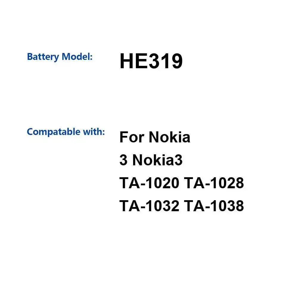Аккумулятор для мобильного телефона HE319 для Nokia 3 TA-1020 TA-1028 TA-1032 TA-1038, надежное питание 2630 мАч
Аккумулятор для мобильного телефона HE319 для Nokia 3 TA-1020 TA-1028 TA-1032 TA-1038, надежное питание 2630 мАч