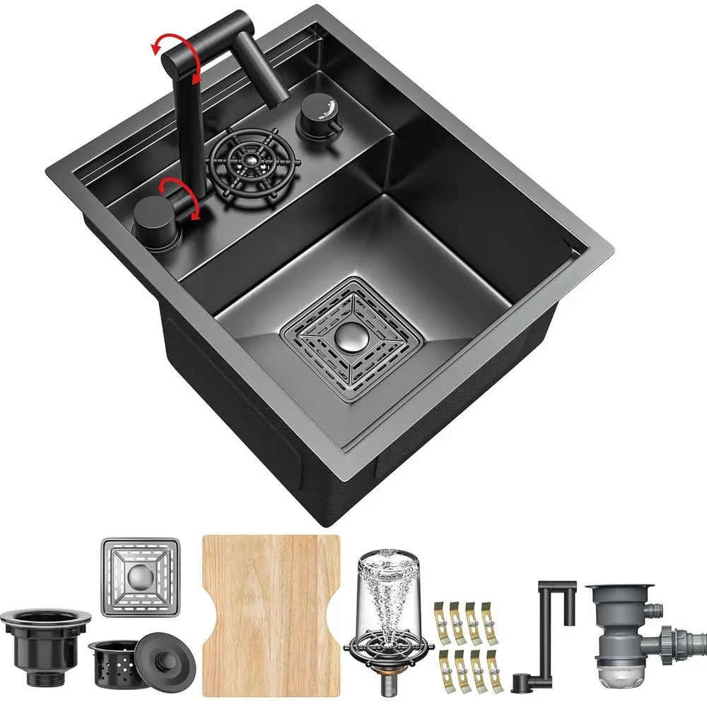 Compact 15x18x9 Gunmetal RV Kitchen Sink with Single Bowl, Swivel Faucet, Cutting Board, and Cup Washer
Compact 15x18x9 Gunmetal RV Kitchen Sink with Single Bowl, Swivel Faucet, Cutting Board, and Cup Washer
