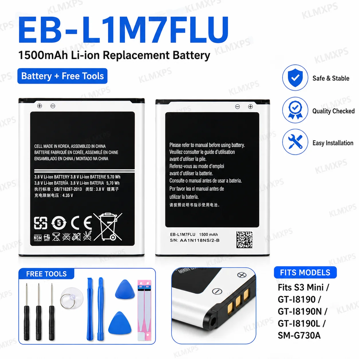 1500mAh EB-L1M7FLU EB-F1M7FLU Phone Battery Replacement for Samsung Galaxy S III Mini GT-I8190 GT-I8190N SM-G730A
1500mAh EB-L1M7FLU EB-F1M7FLU Phone Battery Replacement for Samsung Galaxy S III Mini GT-I8190 GT-I8190N SM-G730A