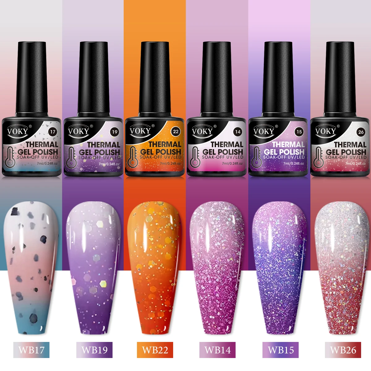 VOKY 6 PCS Heat-Activated Gel Nail Polish, 0.24 ounces per piece - Color-changing, with sequins, temperature-activated manicure.
VOKY 6 PCS Heat-Activated Gel Nail Polish, 0.24 ounces per piece - Color-changing, with sequins, temperature-activated manicure.