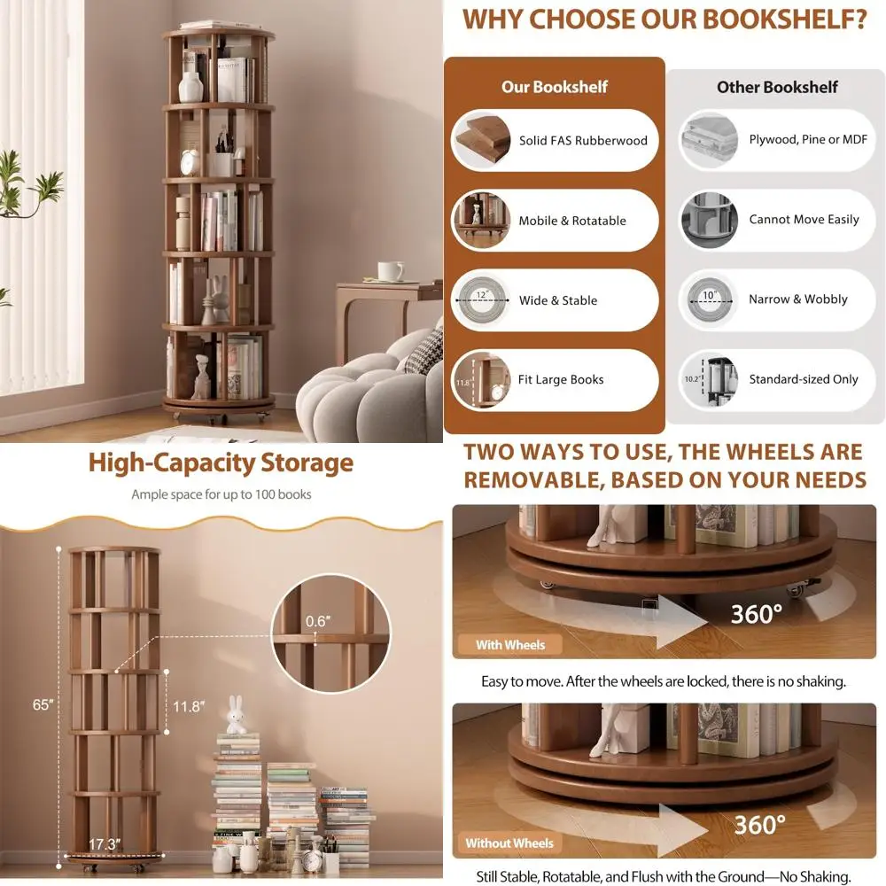 5-Tier Round Revolving Bookshelf on Wheels for Kids, Space-Saving 360° Spinning Storage Tower
5-Tier Round Revolving Bookshelf on Wheels for Kids, Space-Saving 360° Spinning Storage Tower