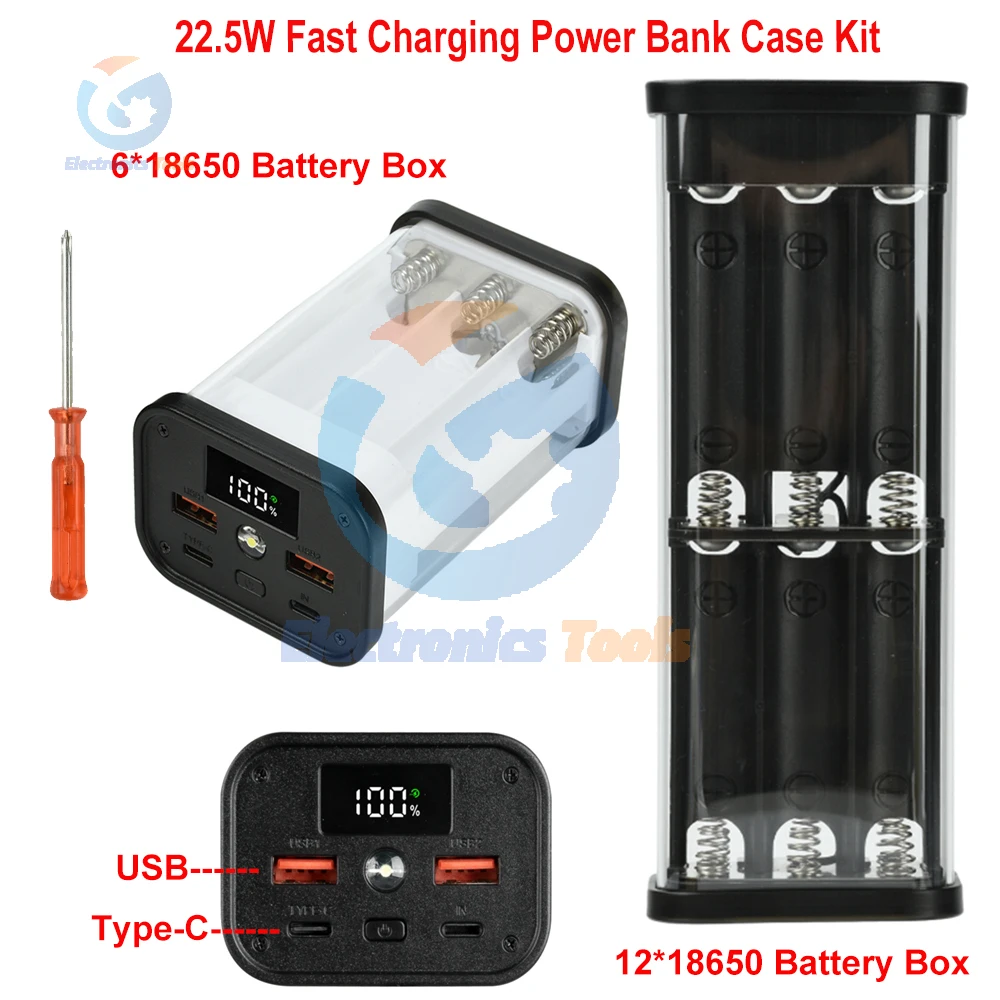 DIY Power Bank Kit 22.5W Fast Charging 6/12-Cell 18650 Battery Box Fully Transparent Solderless PD Mobile Power Bank Kit Type C
DIY Power Bank Kit 22.5W Fast Charging 6/12-Cell 18650 Battery Box Fully Transparent Solderless PD Mobile Power Bank Kit Type C