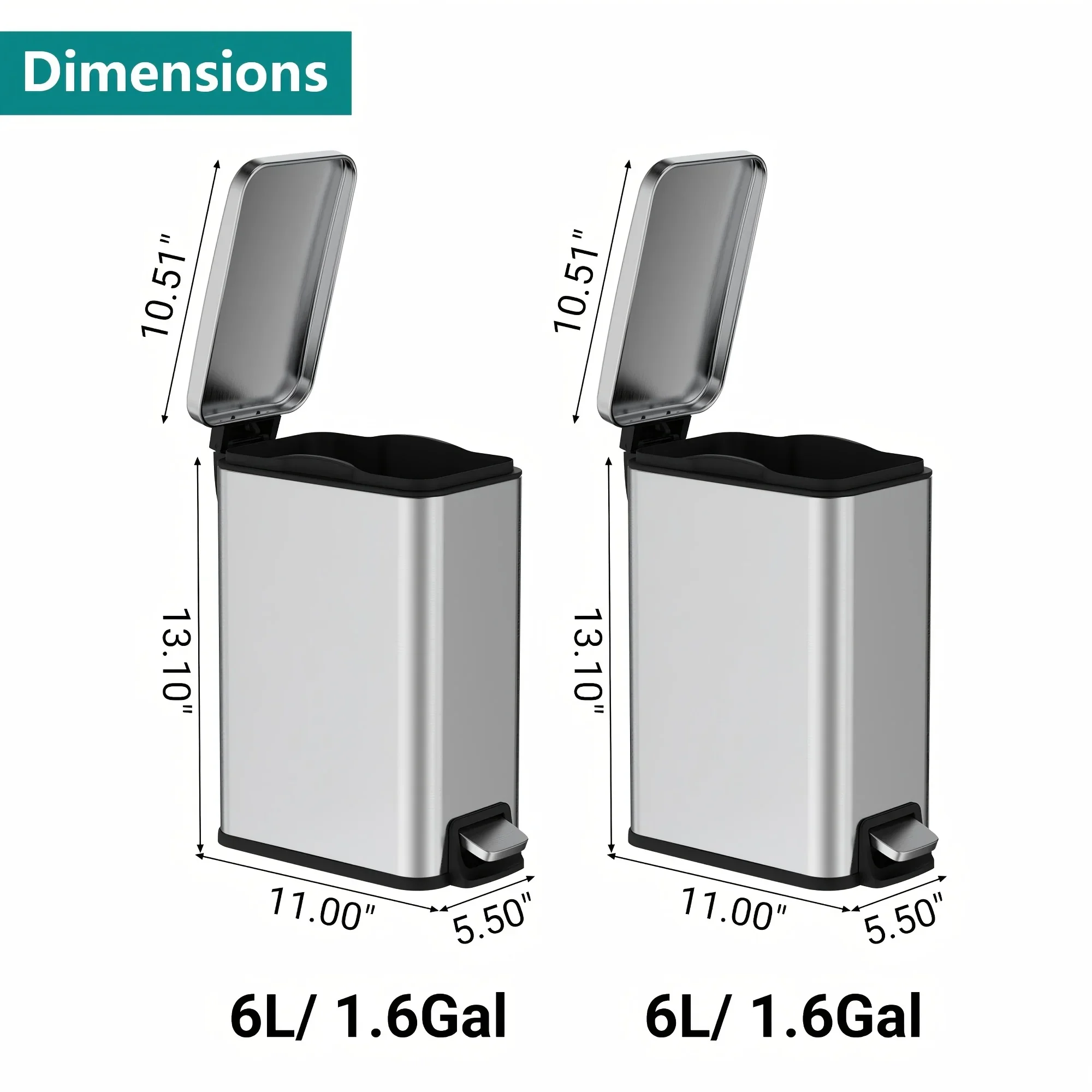 2pcs 6 Liter/ 1.6 Gallon Small Bathroom Trash Can Set, with Lid Soft Close, Step Pedal, Stainless Steel, with Removable Inner
2pcs 6 Liter/ 1.6 Gallon Small Bathroom Trash Can Set, with Lid Soft Close, Step Pedal, Stainless Steel, with Removable Inner