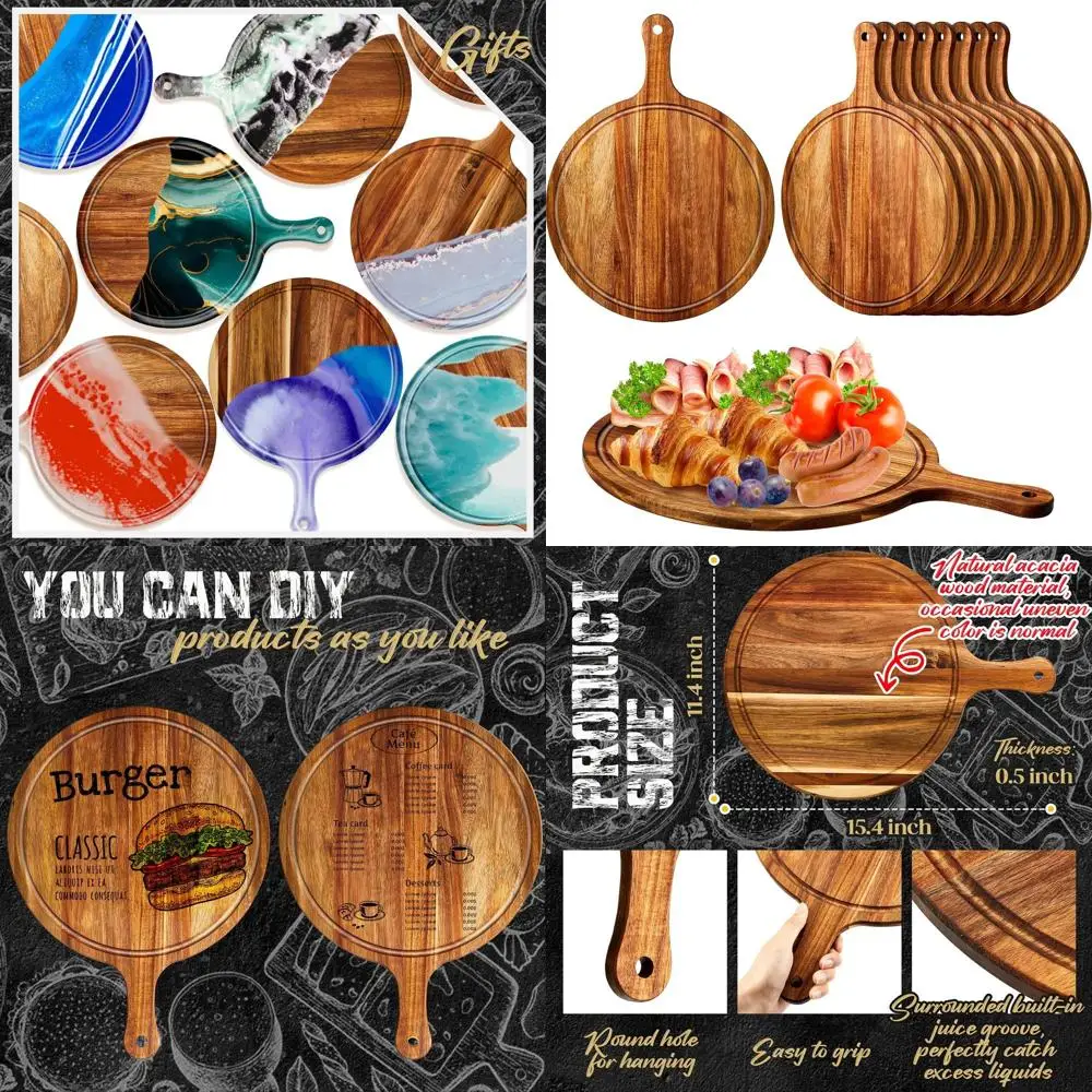 Set of 10 Acacia Wood Round Chopping Boards with Handles for Kitchen Use - Ideal for Pizza, Bread, Cheese, and More
Set of 10 Acacia Wood Round Chopping Boards with Handles for Kitchen Use - Ideal for Pizza, Bread, Cheese, and More