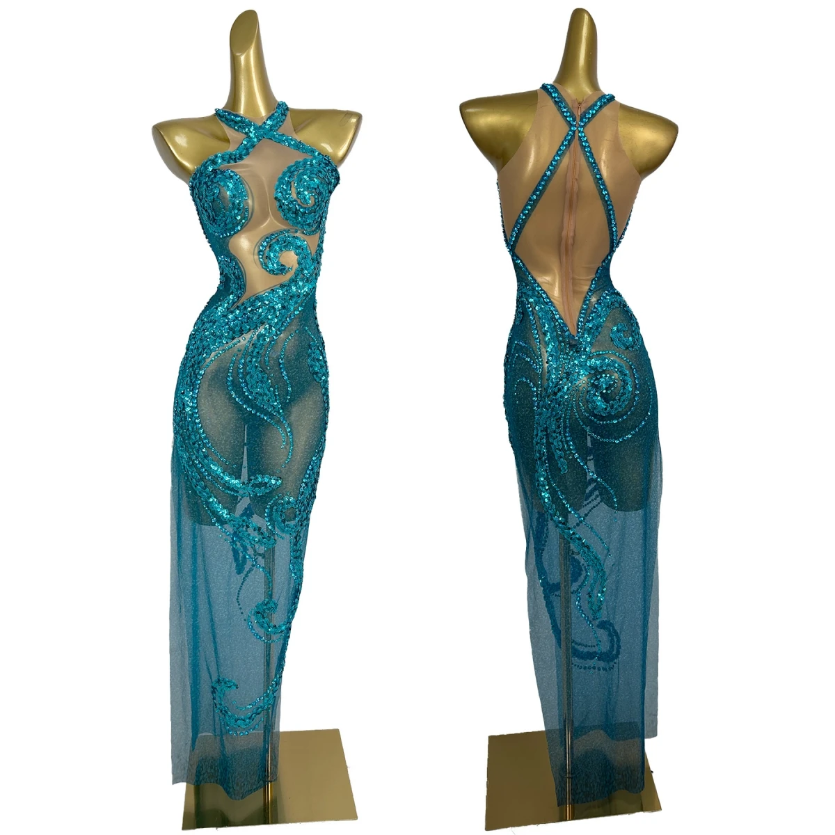 High-end Sleeveless Sexy Women Long Dresses Elegant Blue Party Prom Sparkly Sequins Crystals See Through Mesh Evening Gown Botao
High-end Sleeveless Sexy Women Long Dresses Elegant Blue Party Prom Sparkly Sequins Crystals See Through Mesh Evening Gown Botao