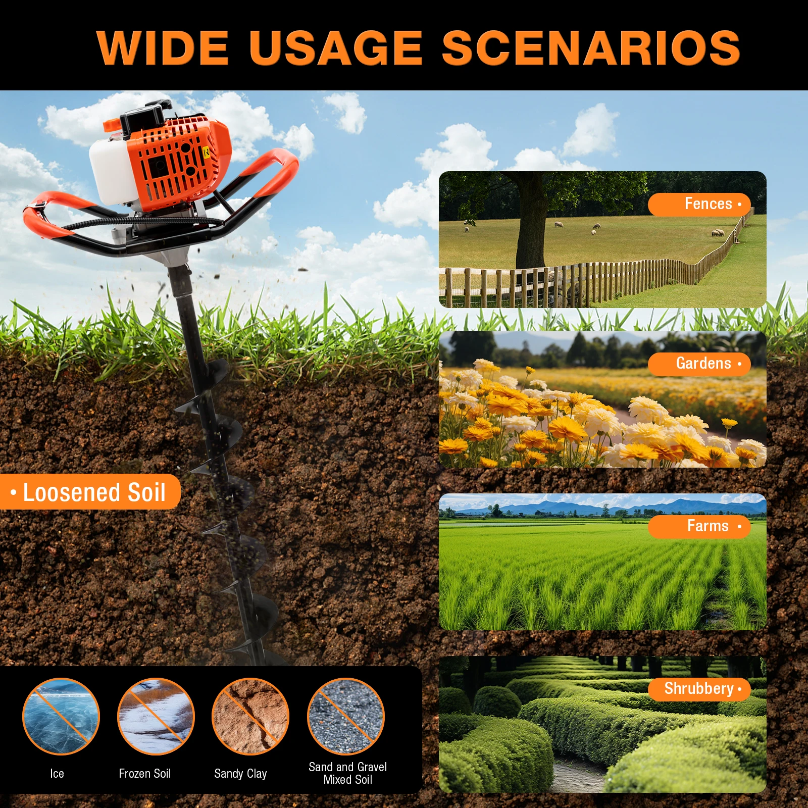 2.3HP 52cc 2-Stroke Auger Post Hole Digger with 3 Drill Bits 3.9", 5.9" & 7.9" for Tree Planting Fence Stakes and More
2.3HP 52cc 2-Stroke Auger Post Hole Digger with 3 Drill Bits 3.9", 5.9" & 7.9" for Tree Planting Fence Stakes and More