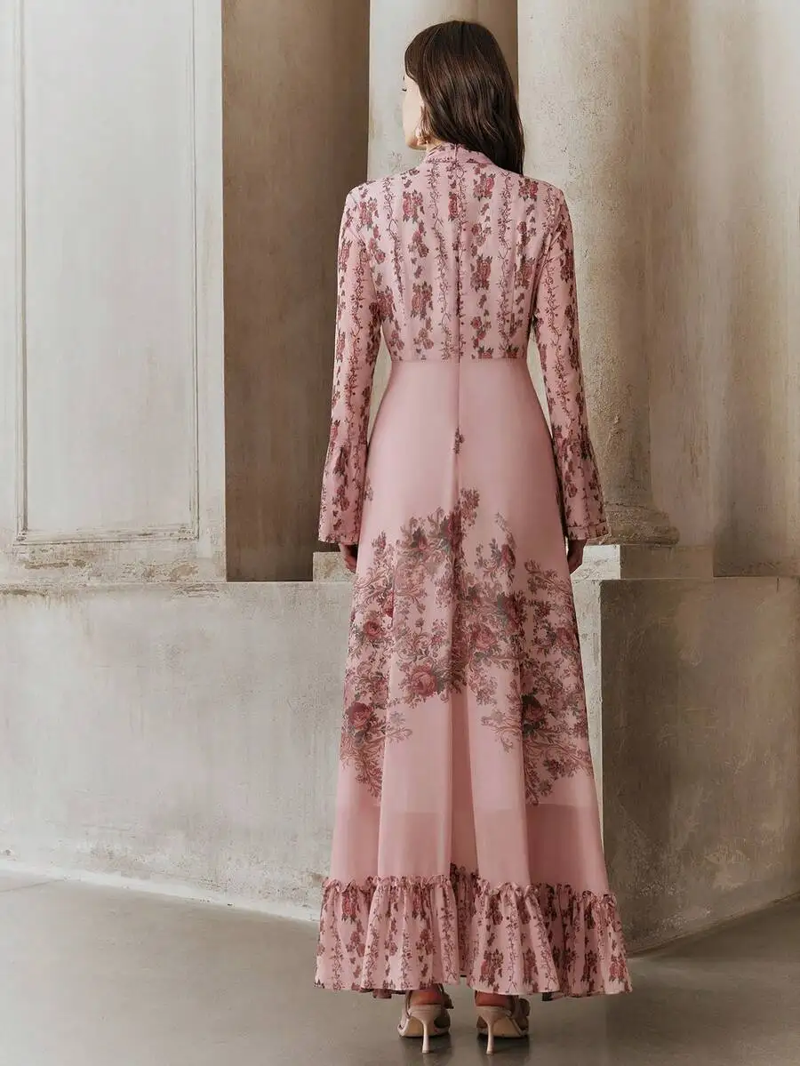 Dusty Rose Floral Maxi Dress With High Neck, Bell Sleeves, And Ruffled Tiered Hem, Victorian Vintage Style For Spring Summer
Dusty Rose Floral Maxi Dress With High Neck, Bell Sleeves, And Ruffled Tiered Hem, Victorian Vintage Style For Spring Summer