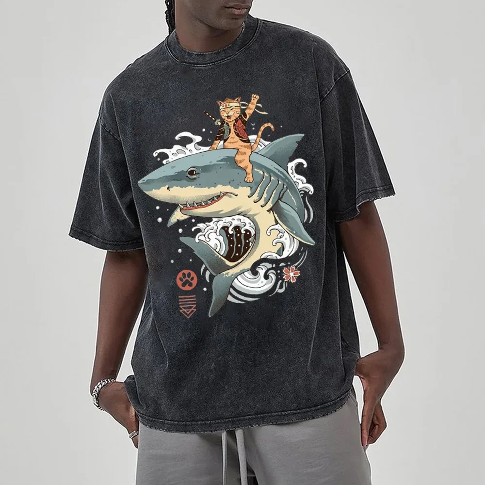 Japanese Style Cartoon Shark Print T-Shirt Women Washed Denim Oversized Unisex Half-Sleeved Vintage Distressed Top
Japanese Style Cartoon Shark Print T-Shirt Women Washed Denim Oversized Unisex Half-Sleeved Vintage Distressed Top