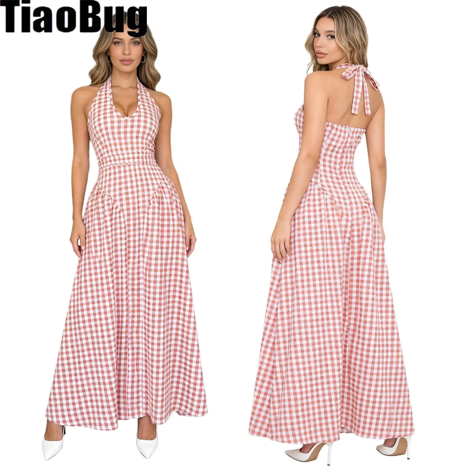Womens Causal Plaid Dress Lacing Halter V Neck Sleeveless Backless Drop Waist A-line Maxi Dress for Vacation Travel Daily
Womens Causal Plaid Dress Lacing Halter V Neck Sleeveless Backless Drop Waist A-line Maxi Dress for Vacation Travel Daily