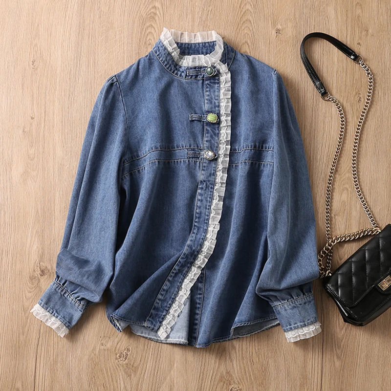 Vintage Denim Blouse Spring Autumn Korean Ruffles Lace Patchwork Shirts Women Blouses Elegant Tops blusas mujer
Vintage Denim Blouse Spring Autumn Korean Ruffles Lace Patchwork Shirts Women Blouses Elegant Tops blusas mujer