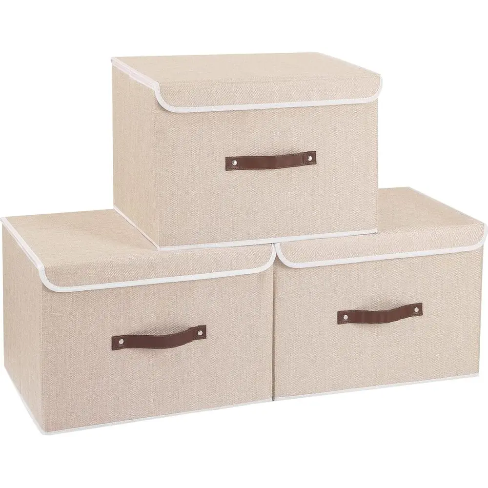 Collapsible Storage Boxes, Linen Fabric Baskets, Bin with lid and Leather Handle, Washable, for Home, Closet, Beige, 15.0''Lx9.8
Collapsible Storage Boxes, Linen Fabric Baskets, Bin with lid and Leather Handle, Washable, for Home, Closet, Beige, 15.0''Lx9.8