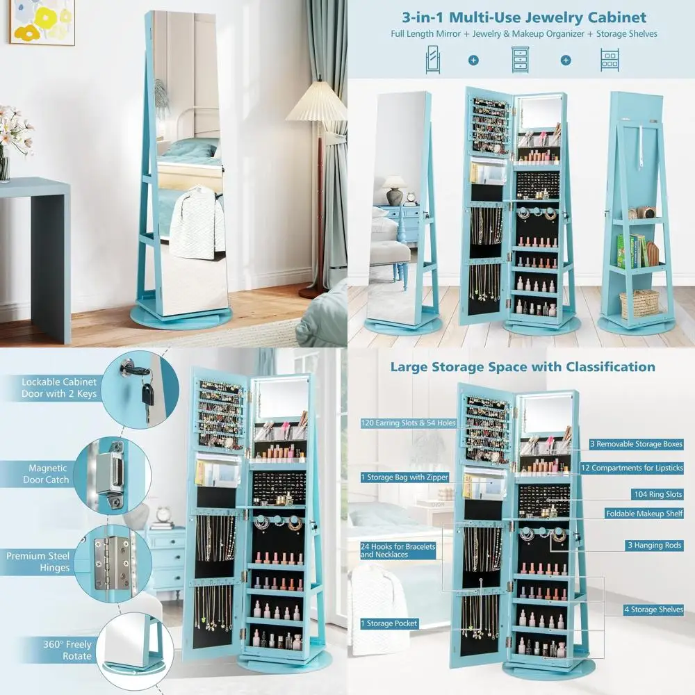 Поворотный зеркальный шкаф для ювелирных изделий с местом для хранения, запираемый, 3-цветная подсветка, небесно-голубой
Поворотный зеркальный шкаф для ювелирных изделий с местом для хранения, запираемый, 3-цветная подсветка, небесно-голубой