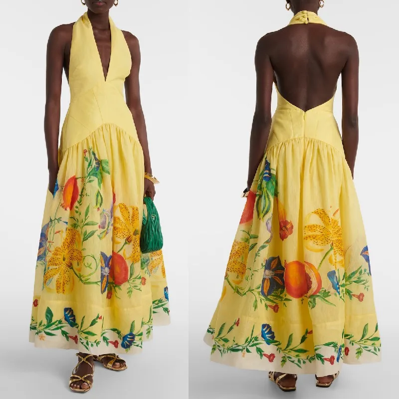 2025 Summer New European Print Halter Deep V Neck Backless Maxi Dress Women
2025 Summer New European Print Halter Deep V Neck Backless Maxi Dress Women