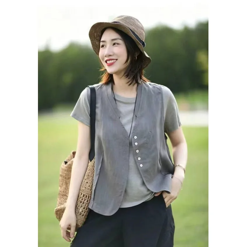 Women's plus Size Cotton Linen Vest Jacket V-Neck Single Button Summer New Style Cover Belly Standard Fit Outerwear
Women's plus Size Cotton Linen Vest Jacket V-Neck Single Button Summer New Style Cover Belly Standard Fit Outerwear
