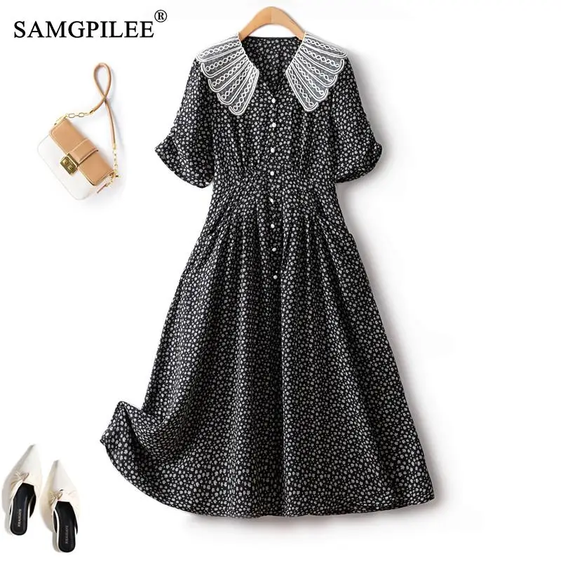 Retro Summer Dresses For Women 2023 New Chiffon Pater Pan Collar Waist Elastic Small Flower Single Breasted Long Female Dress
Retro Summer Dresses For Women 2023 New Chiffon Pater Pan Collar Waist Elastic Small Flower Single Breasted Long Female Dress