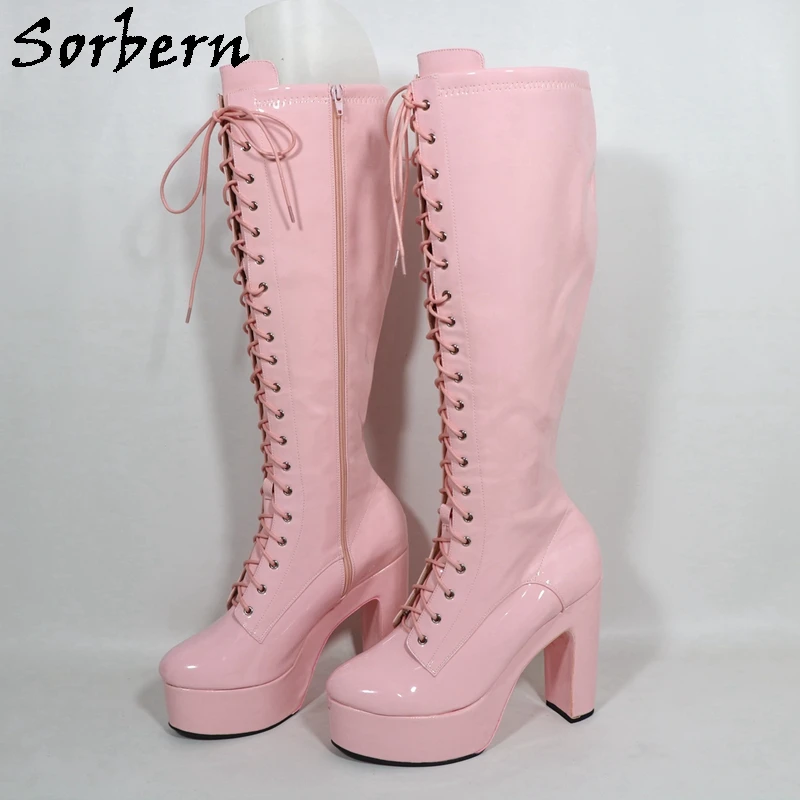 Sorbern Custom Pink Shiny 15Cm Block Heels Knee High Boots For Women Lace Up Platform Shoes Custom Wide Slim Calf Fit Shoes
Sorbern Custom Pink Shiny 15Cm Block Heels Knee High Boots For Women Lace Up Platform Shoes Custom Wide Slim Calf Fit Shoes