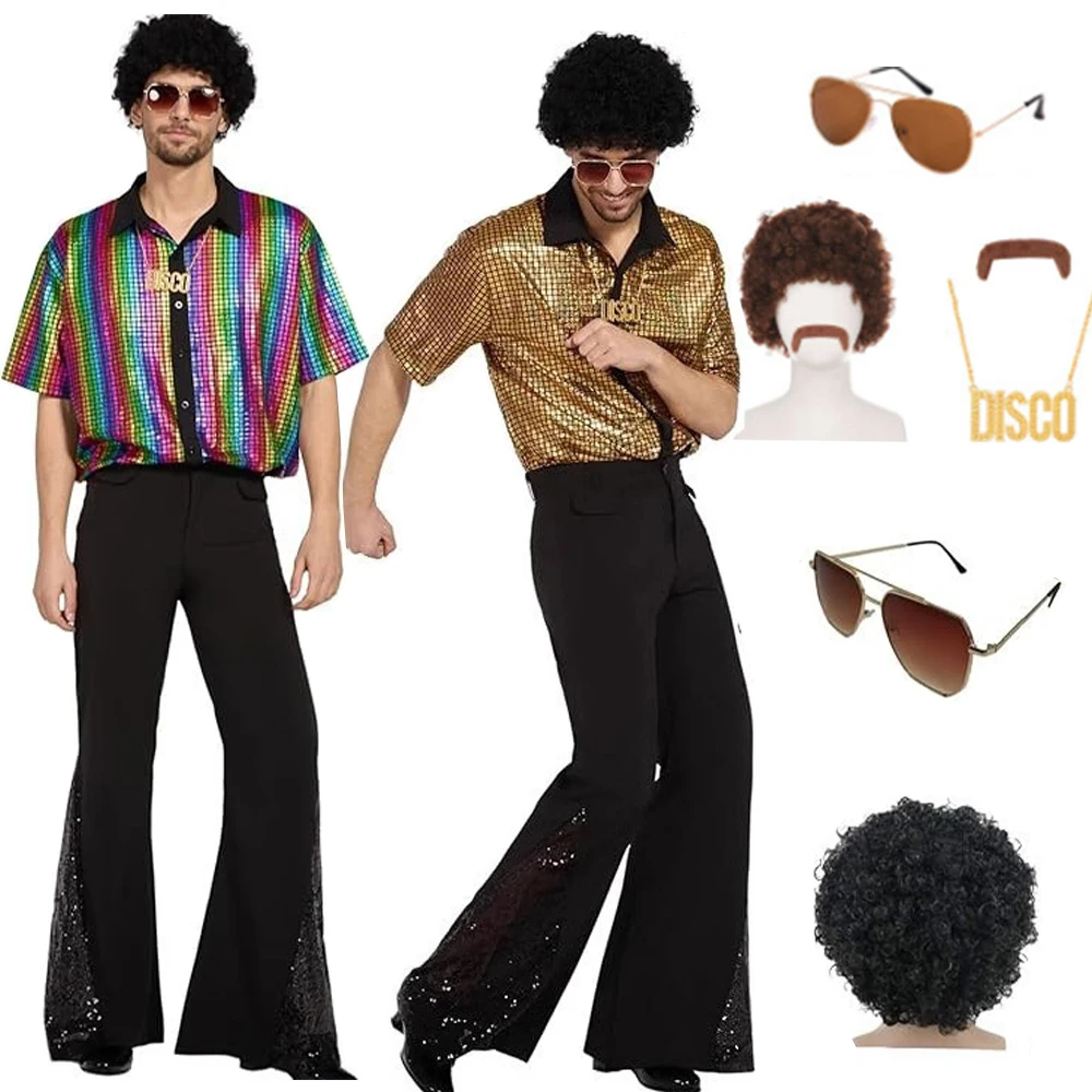 Men's 70S Disco Costume Set Complete Retro Party Outfit with Bell-Bottom Pants Short-Sleeve Shirt Wig, Sunglasses and Necklace
Men's 70S Disco Costume Set Complete Retro Party Outfit with Bell-Bottom Pants Short-Sleeve Shirt Wig, Sunglasses and Necklace