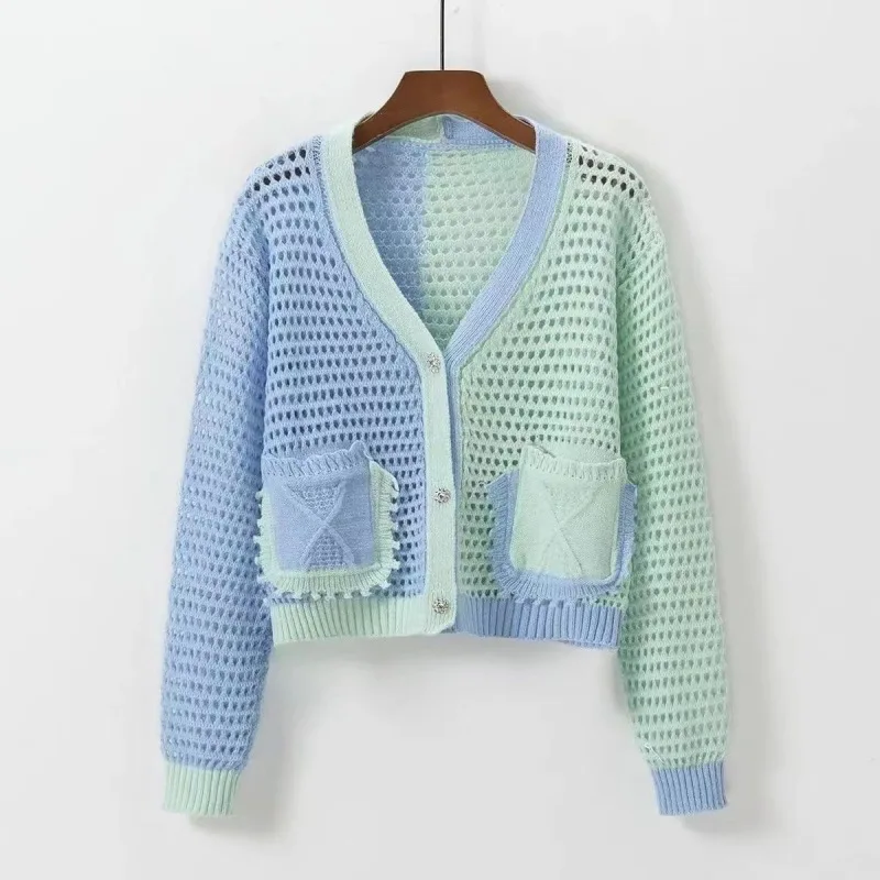Korean Color Blocking Women's Cardigans Sweet Versatile V-neck Knitted Sweater Autumn New Hollow-out Single Breasted Knitwear
Korean Color Blocking Women's Cardigans Sweet Versatile V-neck Knitted Sweater Autumn New Hollow-out Single Breasted Knitwear