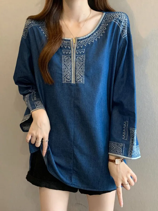Ethnic Style Rhinestone Denim Short Sleeve Shirt Women's Summer New Large Size Midi Length Fashionable Youthful Top
Ethnic Style Rhinestone Denim Short Sleeve Shirt Women's Summer New Large Size Midi Length Fashionable Youthful Top