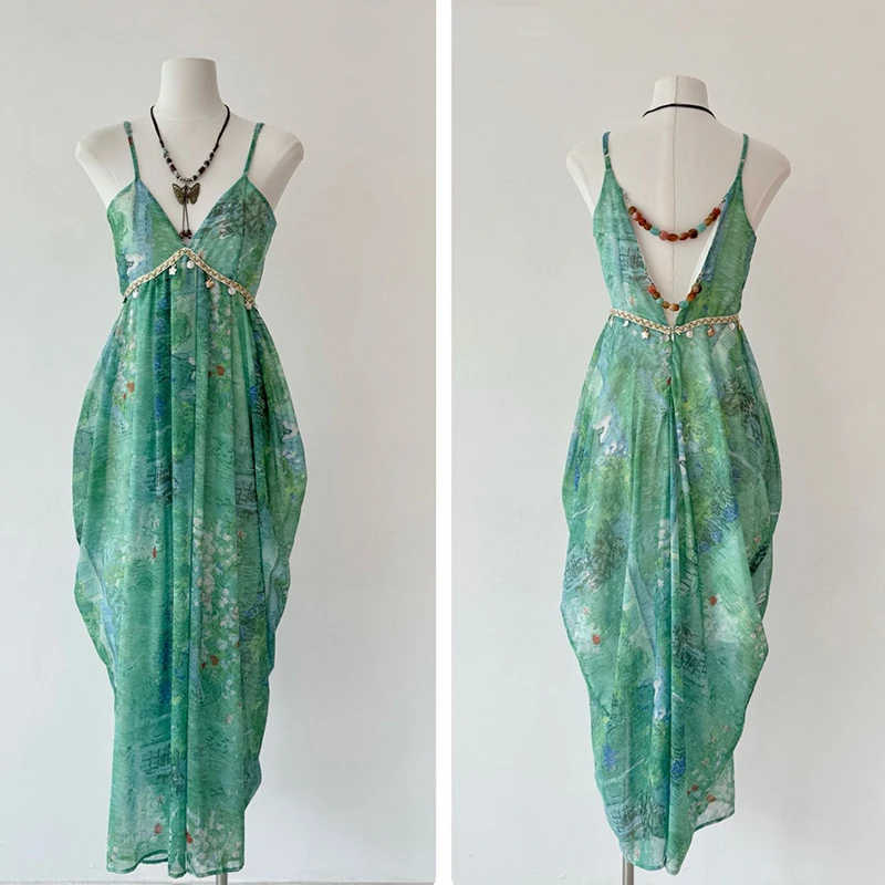 Luxury Shell Decorated V Neck Spaghetti Strap Green Dress Women Summer Sleeveless High Waist Backless Long Dress Female Sundress
Luxury Shell Decorated V Neck Spaghetti Strap Green Dress Women Summer Sleeveless High Waist Backless Long Dress Female Sundress