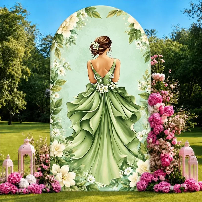 Single Side Arch Backdrop Cover Elegant Green Gown Backdrop with Floral Arch and Pink White Flower Arrangements Perfect
Single Side Arch Backdrop Cover Elegant Green Gown Backdrop with Floral Arch and Pink White Flower Arrangements Perfect