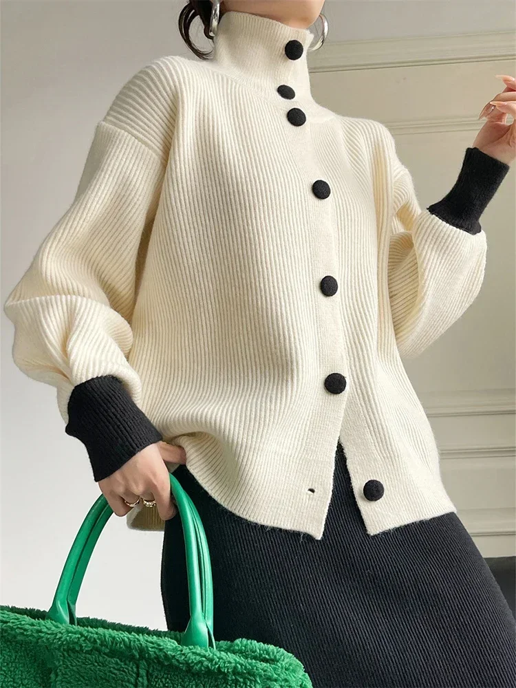 TPJB Contrast Knit Lantern Sleeve Elegant Women Cardigan Turtleneck Single Breaste Loose Oversize Sweater Autumn Chic Casual Top
TPJB Contrast Knit Lantern Sleeve Elegant Women Cardigan Turtleneck Single Breaste Loose Oversize Sweater Autumn Chic Casual Top