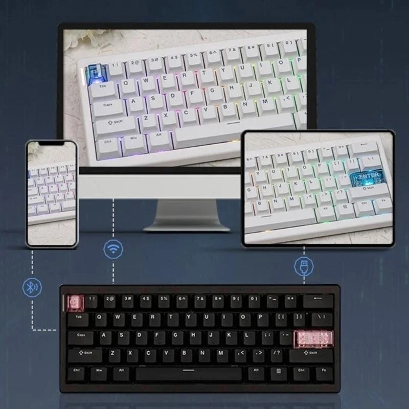 QK61 V2 Механическая клавиатура с 60% проектирование цветового освещения 2,4 ГГц Bluetooth-совместимого и через H8WD
QK61 V2 Механическая клавиатура с 60% проектирование цветового освещения 2,4 ГГц Bluetooth-совместимого и через H8WD