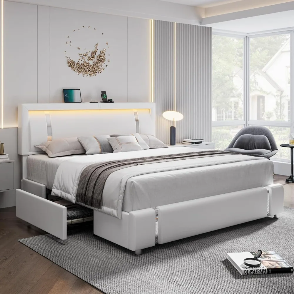 Bed Frame with RGB LED Lights Headboard & 2 Storage Drawers, Modern Upholstered Faux Leather Smart Platform Iron Metal Decor USB
Bed Frame with RGB LED Lights Headboard & 2 Storage Drawers, Modern Upholstered Faux Leather Smart Platform Iron Metal Decor USB