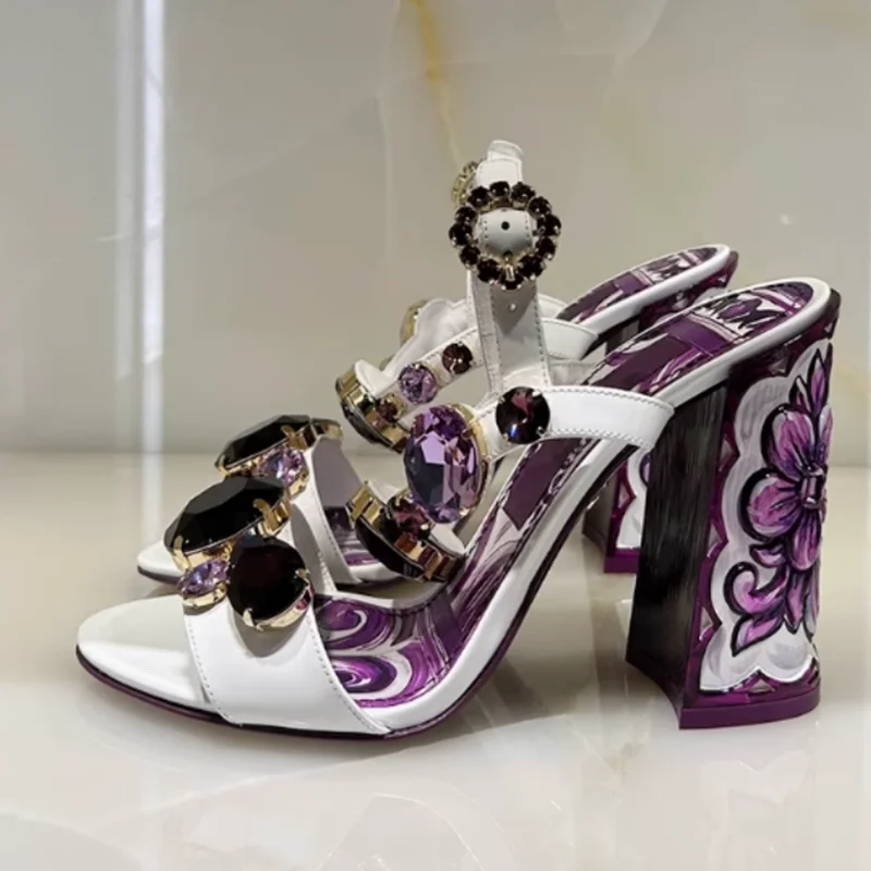 Purple Printed Leather Wonmen Chunky Heels Sandals Big Gemstones Rhinestone Open Toe Ankle Strap Bohemia Shoes 6cm 10cm
Purple Printed Leather Wonmen Chunky Heels Sandals Big Gemstones Rhinestone Open Toe Ankle Strap Bohemia Shoes 6cm 10cm
