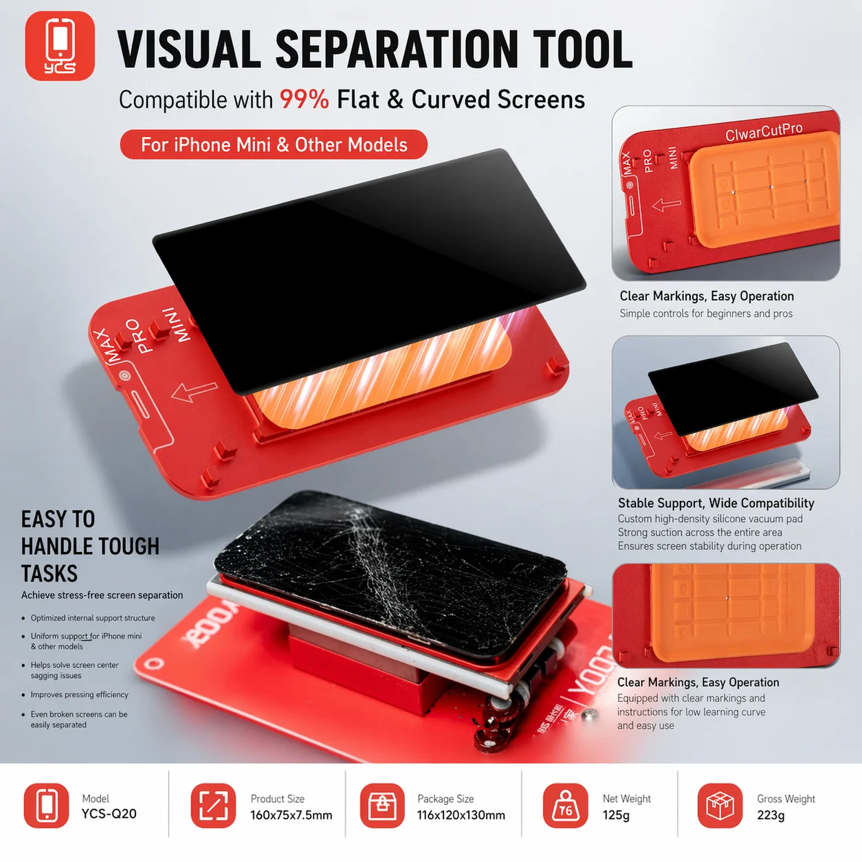 YCS YCS-Q20 Visual Screen Separation Mold for Straight & Curved Phones, Precise Alignment Cover Bracket Repair Fixture Tool
YCS YCS-Q20 Visual Screen Separation Mold for Straight & Curved Phones, Precise Alignment Cover Bracket Repair Fixture Tool