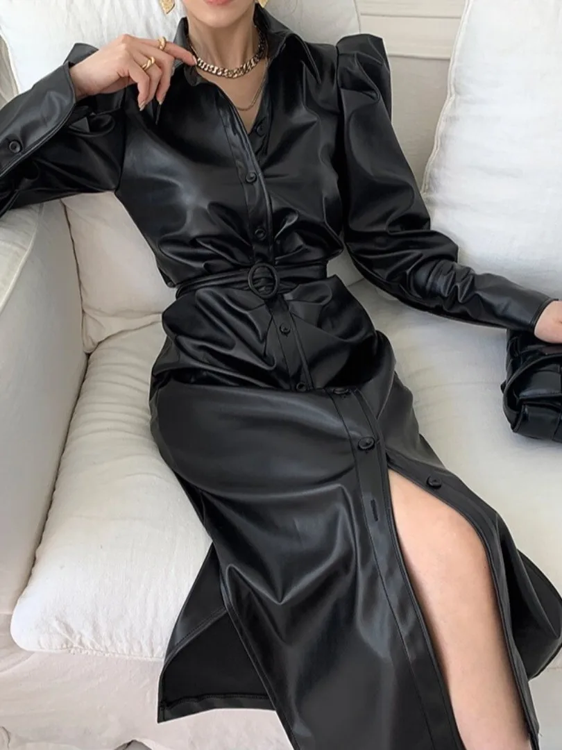Chic Vintage Spring Long PU Leather Dr Women's Slim Fit Bubble Sve Collar Single Button Waist Cinched Gown
Chic Vintage Spring Long PU Leather Dr Women's Slim Fit Bubble Sve Collar Single Button Waist Cinched Gown