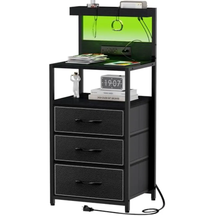 LED Nighstand with Charging Station, Night Stand with 3 Drawers and LED Lights, Storage Side Table with 3 Shelf and Hooks, Bedr
LED Nighstand with Charging Station, Night Stand with 3 Drawers and LED Lights, Storage Side Table with 3 Shelf and Hooks, Bedr