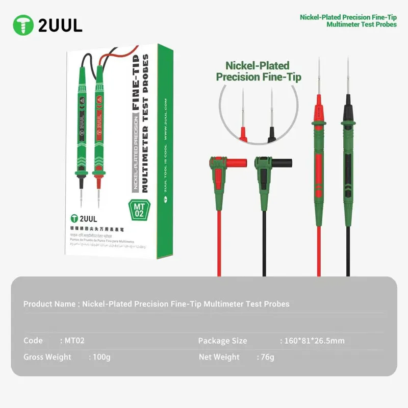 2UUL MT02 Precision Multimeter Test Probes Nickel-Plated Fine Tip Probe Pen Leads Set for Digital Tester Phone PCB Repair Tool
2UUL MT02 Precision Multimeter Test Probes Nickel-Plated Fine Tip Probe Pen Leads Set for Digital Tester Phone PCB Repair Tool