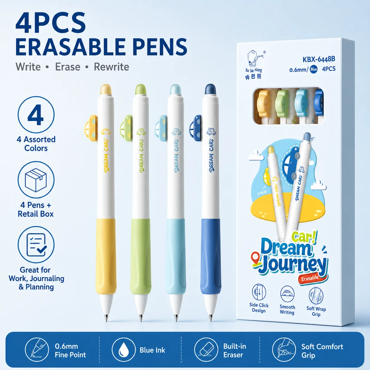 4 erasable ballpoint pens, 0.5mm fine blue ink, soft and comfortable grip, student diary notes, aesthetics school stationery
4 erasable ballpoint pens, 0.5mm fine blue ink, soft and comfortable grip, student diary notes, aesthetics school stationery