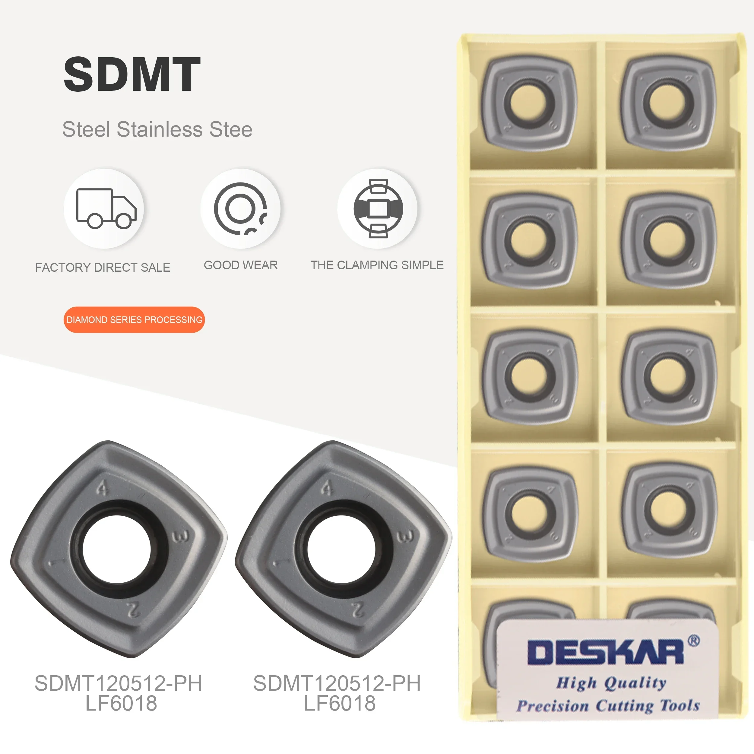 DESKAR SDMT120512 PH SDMT150512-PH LF6018 Milling inserts Carbide inserts CNC lathe cutting tools High quality products
DESKAR SDMT120512 PH SDMT150512-PH LF6018 Milling inserts Carbide inserts CNC lathe cutting tools High quality products
