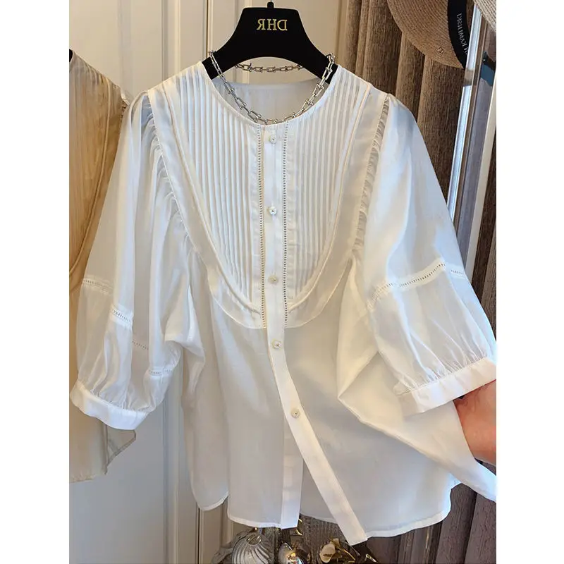Elegant Chic Solid Color Pleated Blouse Women Classic Half Sleeve Summer Single-breasted O-collar All-match Lady Loose Shirt
Elegant Chic Solid Color Pleated Blouse Women Classic Half Sleeve Summer Single-breasted O-collar All-match Lady Loose Shirt