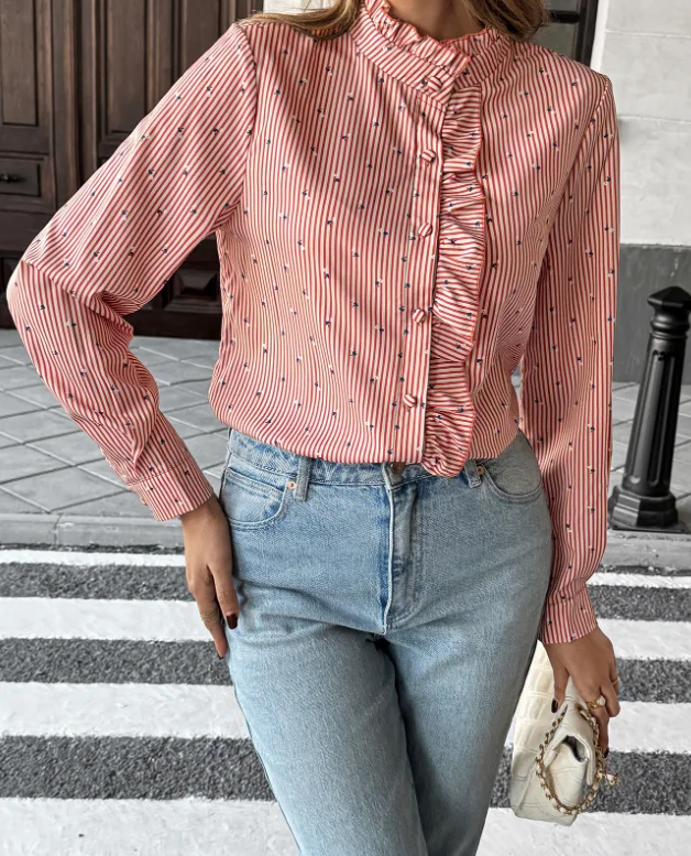 Ear Fungus Edge Casual Striped Shirt for Spring and Summer Elegant Slim Fit Flower Striped Printed Long Sleeved Shirt Top
Ear Fungus Edge Casual Striped Shirt for Spring and Summer Elegant Slim Fit Flower Striped Printed Long Sleeved Shirt Top