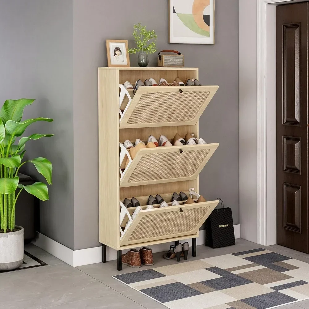 Natural Rattan Cabinet with 3 Flip Drawers, Free Standing Modern 3-Tier Shoe Storage Rack for Heels
Natural Rattan Cabinet with 3 Flip Drawers, Free Standing Modern 3-Tier Shoe Storage Rack for Heels