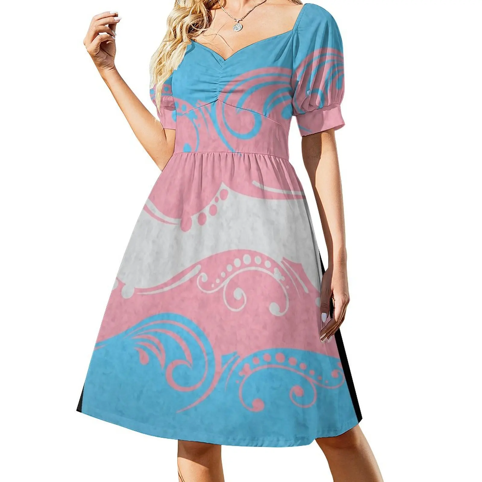 Fancy Swooped and Swirled Transgender Pride Flag Background Short Sleeved Dress loose women's dress prom dress
Fancy Swooped and Swirled Transgender Pride Flag Background Short Sleeved Dress loose women's dress prom dress