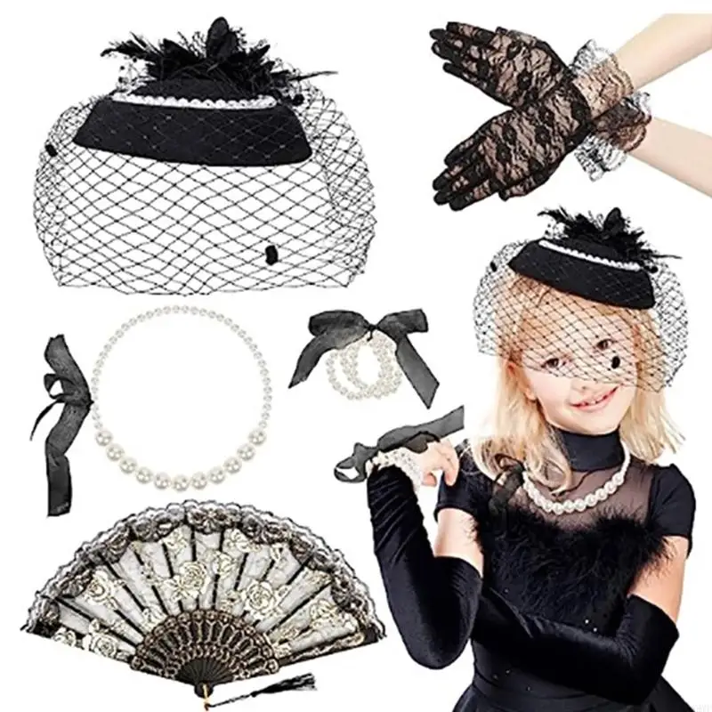 49MF Small Hat Mesh Lace Gloves & Imitation Pearl Necklace Set for Girls, 5 Pieces 20s Vintage Tea Party Accessories Set
49MF Small Hat Mesh Lace Gloves & Imitation Pearl Necklace Set for Girls, 5 Pieces 20s Vintage Tea Party Accessories Set