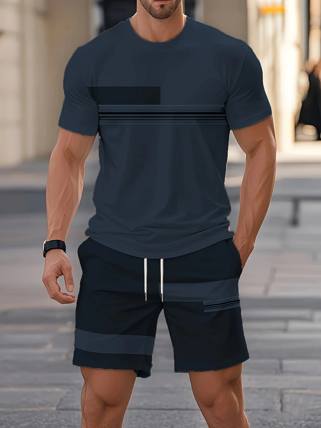 2026 Summer New Arrival Men's Casual Two-Piece Set Striped Print Short-Sleeve Shirt And Athletic Shorts Set Men's Fitness Set
2026 Summer New Arrival Men's Casual Two-Piece Set Striped Print Short-Sleeve Shirt And Athletic Shorts Set Men's Fitness Set